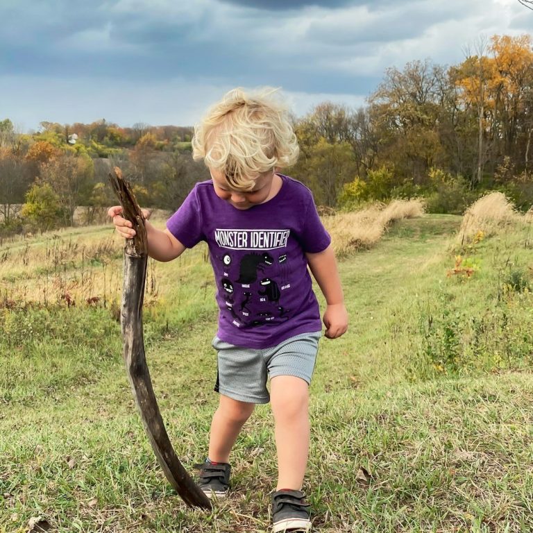 Wandern mit Kindern Ein kleiner Junge mit einem Stock geht einen Hügel hinunter, umgeben von Bäumen und Gras.
